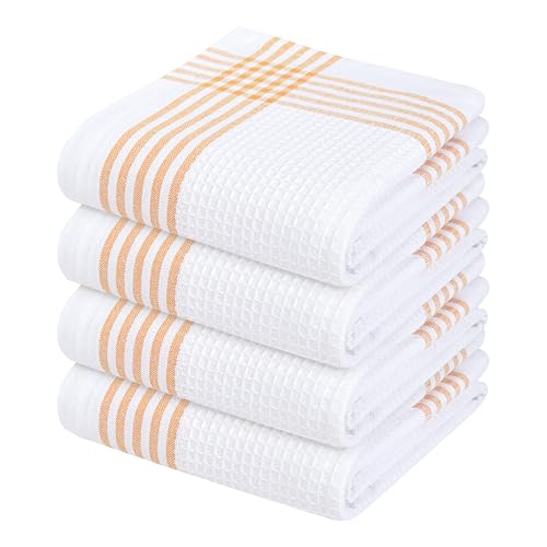 Softopia Cotton Waffle White & Mustard Yellow Set of 4 Kitchen Towels, 100% Cotton, 16x26 inches, Soft and Durable Dish Towel, Quick Dry Dishcloths, Ideal for Drying Dishes, Cleaning, Wiping