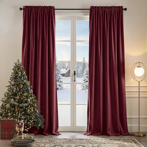 Nemia Burgundy Velvet Curtains Thermal Insulated Blackout Curtain for Bedroom Window Living Room Darkening Luxury Vintage 84 Inches Long Heavy Drapes Panels Rod Pocket Set of 2