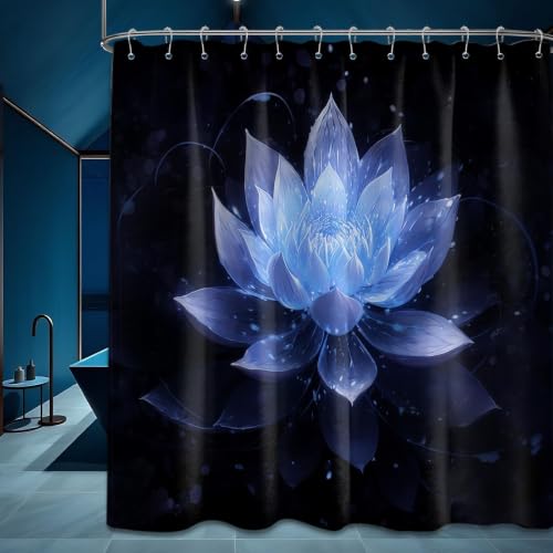 QGHOT Black and Navy Blue Shower Curtain, 72x72 in, Lotus Glow in the Dark - Blacklight Royal Blue Theme, Decorative Pattern Design, Unique Bathroom Decor, Waterproof Polyester Fabric, with Hooks