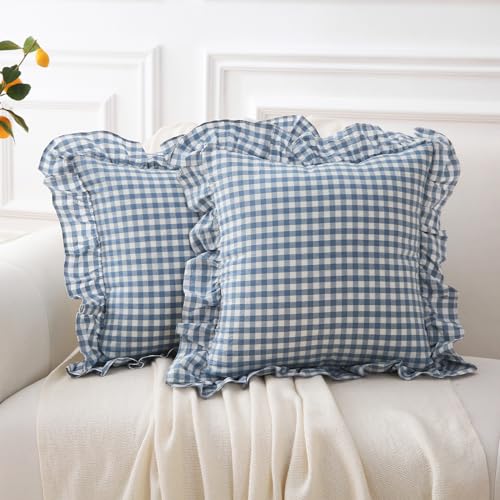 K MASANIJI 2 Pack Dust Blue White Plaid Gingham Ruffle Throw Pillow Covers, 100% Washed Cotton Decorative Buffalo Checkered Farmhouse Pillow Shams - 18''x18''