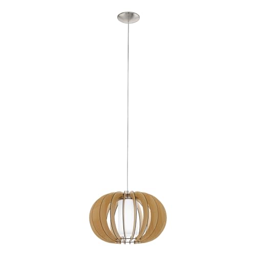 EGLO Stellato 1 Pendant Light, 1-Bulb Vintage Modern Pendant Light Made of Steel, Wood and Glass in Matt Nickel, Maple, White, Dining Table Lamp, Living Room Lamp Hanging with E27 Socket, Diameter 40