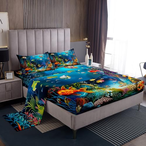Feelyou Kids Sheet Set Twin Cartoon Ocean Fish Bed Sheets Ocean Marine Theme Bedding Set for Boys Girls Soft and Cozy Sea Underwater World Sheets Set with Sealife Deep Pocket Fitted Sheet,Vibrant