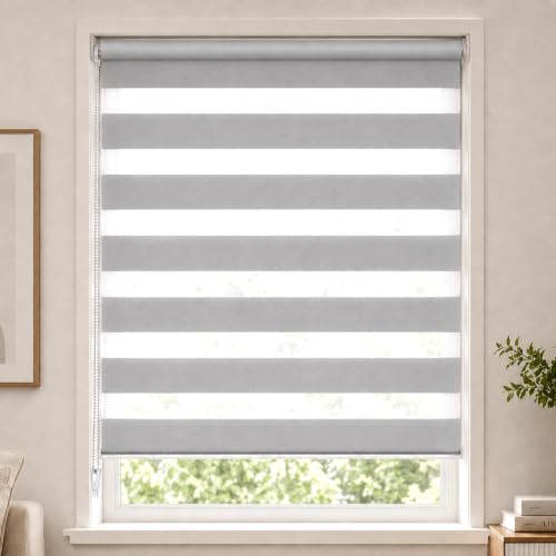 VOUNOT® Day and Night Blinds No Drill, Zebra Roller Blinds for Windows, Double Layer Translucent and Blackout Fabric, Easy Installation Window Shades, Grey, 90 x 150 cm