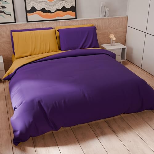 PETTI Artigiani Italiani - Single Duvet Cover Set 200 x 135 cm (1 Pillow Case 75 x 50 cm Included), Soft Microfibre Duvet Cover Set, Plain Purple - Yellow Ochre