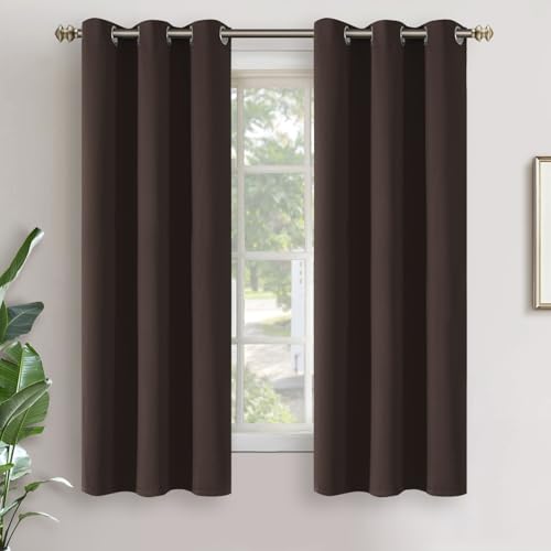 YoungsTex Set of 2 Blackout Curtains 160 cm Long for Bedroom Window ??? Thermal Insulated Eyelet Top Blackout Curtains for Basement, Office (Brown, 86 x 160 cm)