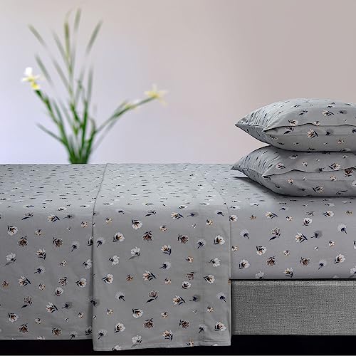Tribeca Living Floryn 170-GSM Ultra-Soft Flannel Extra Deep Pocket Sheet Set, Oversized Flat, Queen Grey, (FLORYNSHEQUGR)