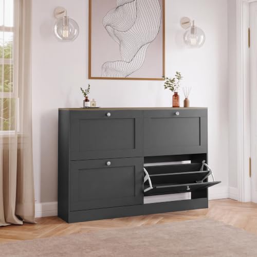 Vida Designs Altino 4 Drawer Shoe Cabinet - Charcoal Grey & Oak - Space-Saving Storage for 20+ Pairs - 80H x 105W x 23.5D cm - Anti-Tip - Modern Hallway Unit