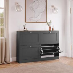 Vida Designs Altino 4 Drawer Shoe Cabinet - Charcoal Grey & Oak - Space-Saving Storage for 20+ Pairs - 80H x 105W x 23.5D cm - Anti-Tip - Modern Hallway Unit