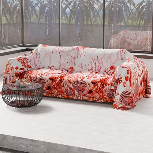 PETTI Artigiani Italiani - Microfibre Sofa Cover 130 x 270 cm, Red Coral Pattern - Multipurpose for Sofas, Bedspreads and Table Covers - Washable Protective Cover