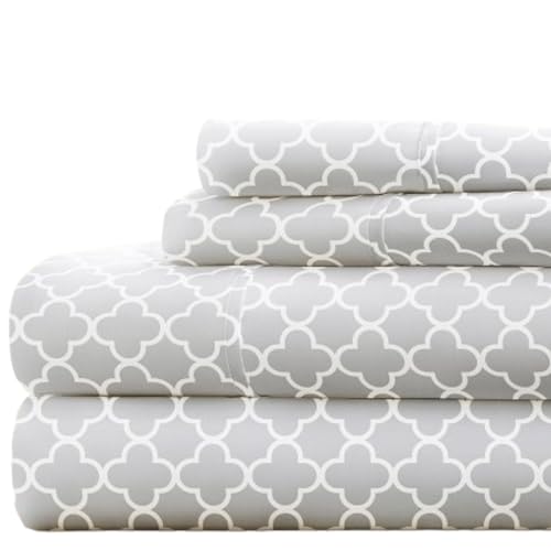 "Linen Market Double-Brushed Patterned Microfiber Full Sheet Set 4 Piece ??? Oeko-TEX Certified Ultra Soft & Wrinkle-Free - 16"" Deep Pocket Sheets - Easy Care Full Size - Quatrefoil Gray"