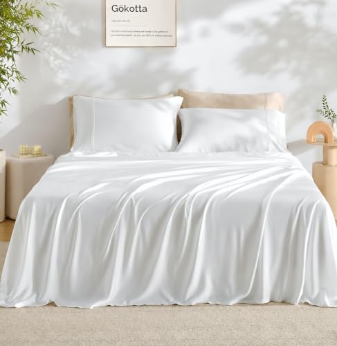 GOKOTTA 4-piece full size sheet set, 100% bamboo rayson for thick mattresses up to 38 cm, with elastic corner stripes, cooling, silky soft and breathable, light white