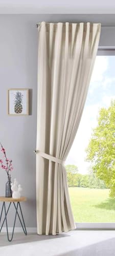 Gardinenbox Cationic Jena Opaque Linen Look Curtain Mottled Curtain Tape with Tie Backs, 100% Polyester, Sand, H x W 250 x 140 cm
