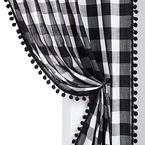 "Treatmentex Pompom Checked Curtains 63"" White Black Buffalo Check Curtains for Living ROM Rustic Farmhouse Semi Sheer Gingham Plaid Window Curtain Drapes for Bedroom Kids Room Rod Pocket 2Panels"