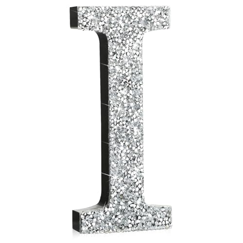 "5.7"" Silver Rhinestone Bling Letters Glitter Crushed Diamond Decor,Letter I - Wooden Base Metal Hook for Wall or Tabletop Display, Combinable Letters, Wedding Bedroom Y2k Party Decor, Gift for Christmas"