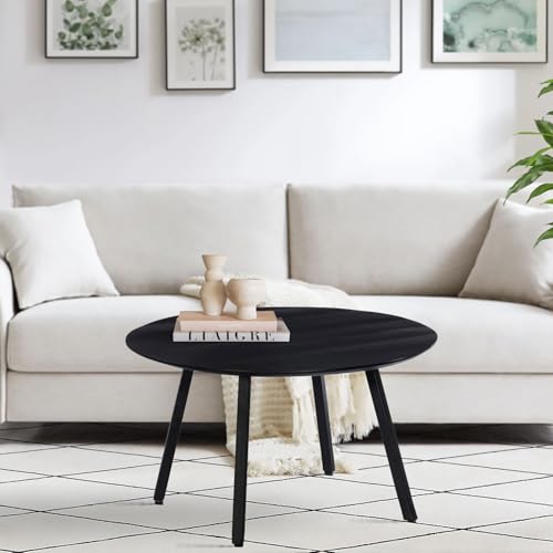 Home Source Living Room Mango Wood Round Coffee Table, Black Iron Legs, 70cm