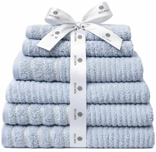 "BIOLINEN 100% Cotton Bath Towel ??? Ultra Soft & Highly Absorbent 30""x60"" Towel, Quick Dry Spa Quality for Home, Gym & Hotel ??? Grey (1 Pack) (Sky, 6 Pack)"