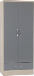 Seconique Nevada 2 Door 1 Drawer Wardrobe,Grey Gloss/Light Oak