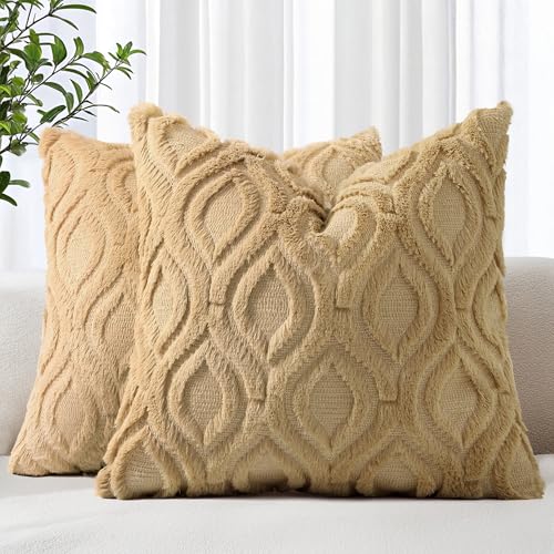 decorUhome Set of 2 Faux Fur Cushion Covers, 55x55 cm, Taupe