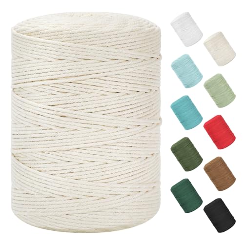 Macrame Cord 3mm x 380Yards (1140Feet), Natural Cotton Macrame Rope - 4 Strands Twisted Macrame Cotton Cord for Wall Hanging, Plant Hangers, Crafts, Gift Wrapping and Wedding Decorations, Beige