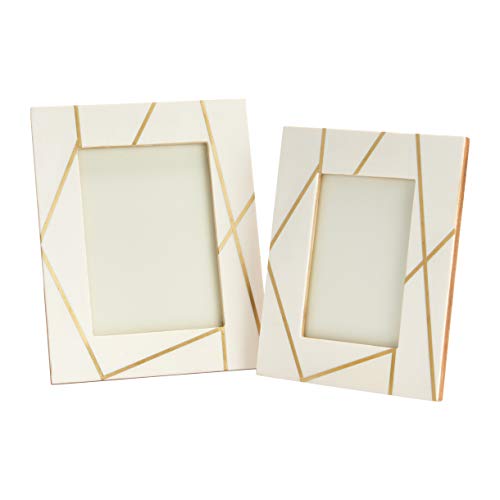 "Main + Mesa Decorative Resin Tabletop Photo Frame 2-piece Set includes 5"" x 7"" and 4"" x 6"", Off-White and Gold Line Pattern"