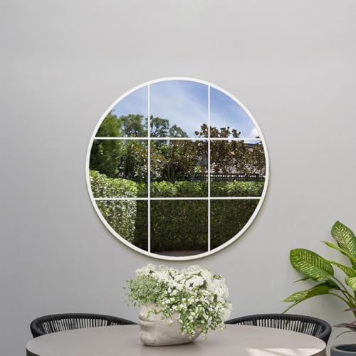 "MirrorOutlet The Circulus - Solid White Metal Framed Window Modern Round Circular Garden Wall Mirror 31"" X 31"" (80CM X 80CM) Silver Mirror Glass with Black All weather Backing."
