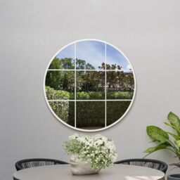 "MirrorOutlet The Circulus - Solid White Metal Framed Window Modern Round Circular Garden Wall Mirror 31"" X 31"" (80CM X 80CM) Silver Mirror Glass with Black All weather Backing."