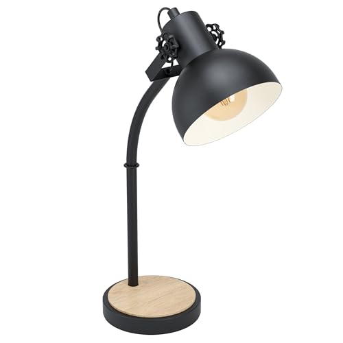Eglo Lubenham Table lamp, 1 Flame Vintage Table lamp in Industrial Design, Retro Bedside lamp Made of Steel and Wood, Colour: Black, Brown, Socket: E27, incl. Switch