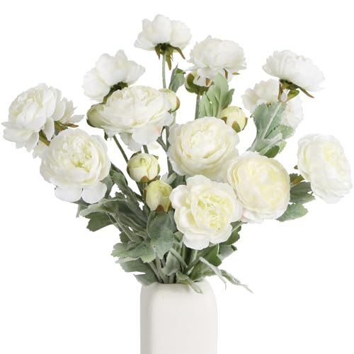 "IPOPU White Peonies 6pcs White Artificial Ranunculus Flowers18Heads Faux Peonies 20.47"" White Fake Flowers for Floral Arrangements Wedding Decorations for Home Decor Indoor"