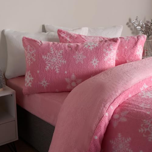 OHS Pink Winter Bedding Set Teddy Fleece, Christmas Duvet Set Fluffy Bedding with Pillowcase Single Duvet Cover Warm Super Soft Comfy Quilt Cover, Snowflakes