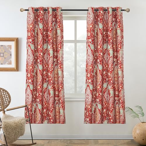 DriftAway Red Curtains for Bedroom 63 Inch Room Darkening Blackout Medallion Peacock Pattern for Living Room Window Drapes Grommet 2 Layers 2 Panels