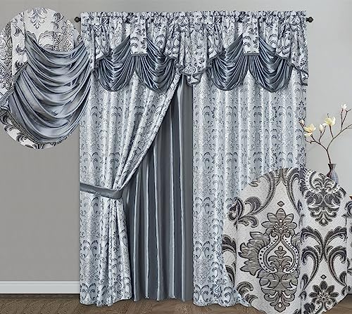 "GOHD Samba Star. Jacquard Window Curtain Panel Drape with Attached Fancy Valance and Taffeta Backing. 2pcs Set. Each pc 54"" Wide x 90"" Drop with 18"" Valance. (Grey)"