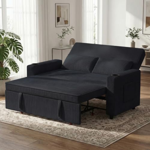 JUMMICO Pull-Out Sofa Bed, 2-Seater Convertible Sleeper Sofa with Adjustable Backrest, Modern Corduroy Loveseat Couch for Living Room, Bedroom and Apartment