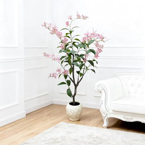 Artificial Jasmine Tree with Realistic Leaves & Pink Flowers in White Pot Artificial Tree Indoor Plant for Wedding Party Garden Office Decoration 120 cm