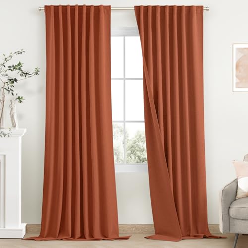SimpleHome 100% Blackout Linen Burnt Orange Living Room Curtains 52W x 84L - Farmhouse Back Tab Living Room Curtains,Textured Rod Pocket Bedroom Curtains,2 Panels Room Darkening Curtains,84 Inches Long