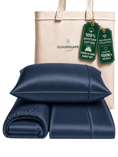 Cloud Scape Linen Engineered Dual-Ply Egyptian Cotton Twin XL Size Sheet Set ??? Long-Staple Sateen Weave, 3Pcs Soft Hotel Quality Dome Essential Bedding Set,Deep Pockets Up to 17???, Dark Denim