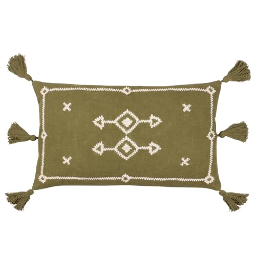 Yard Furn Folis Embroidered Cushion – Global Geometric Embroidered Cotton Tasselled Edges Hidden Zip Polyester Filled (Khaki – 50 x 50 cm)