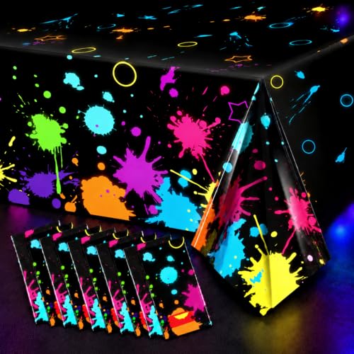 Tatuo 10 Pieces Glow Party Table Covers Disposable Neon Plastic Tablecloths - Glow Party Table Covers 108 x 54 Inch Disposable Neon Glow Tablecloths for Black Light Birthday Party Supplies Decorations