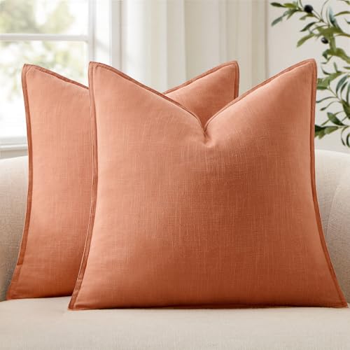 ANRODUO Pack of 2 Decorative Linen Pillow Covers Coral Euro Sham Neutral Farmhouse Boho Soild Cushion Case Soft Accent Pillowcase for Couch Sofa Bedroom Living Room Spring Home Decor 24 x 24 Inch