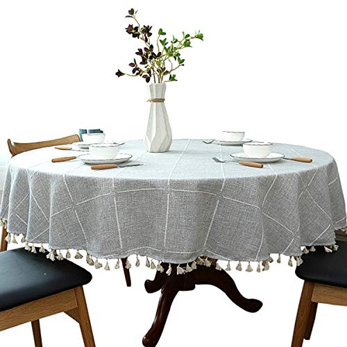 "Heavy Weight Cotton Linen Tablecloth, Plaid Tassel Round Table Cover for Kitchen Dining Room Tabletop Decorations, Round - 63"", Grey"