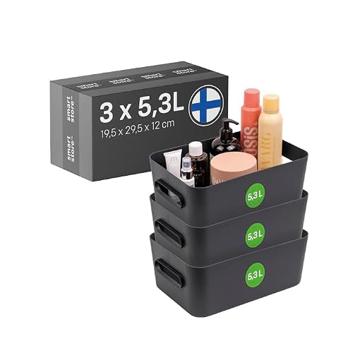 SmartStore Storage Boxes 3x 5.3L small blue - 29.5x19.5x12cm - Plastic organiser basket with handles from 95 % recycled material, box and containers for cupboard, drawers and shelves