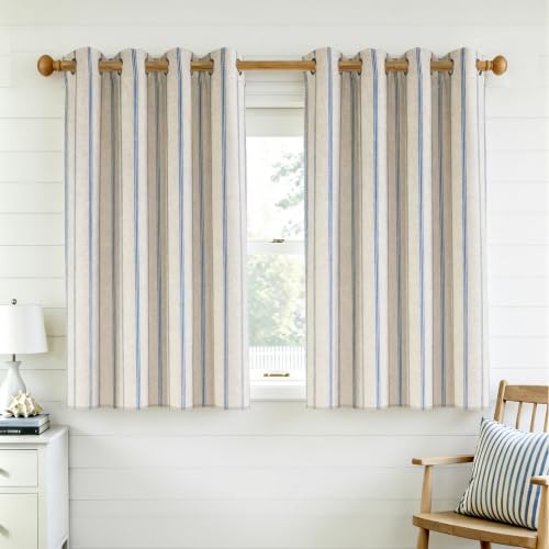 DriftAway Farmhouse Linen Blackout Curtains 36 Inches Long for Bedroom Striped Double Layer Thermal Insulated Sound Reducing Lined Grommet Rustic Drapes for Living Room 2 Panels W52 x L36 Navy