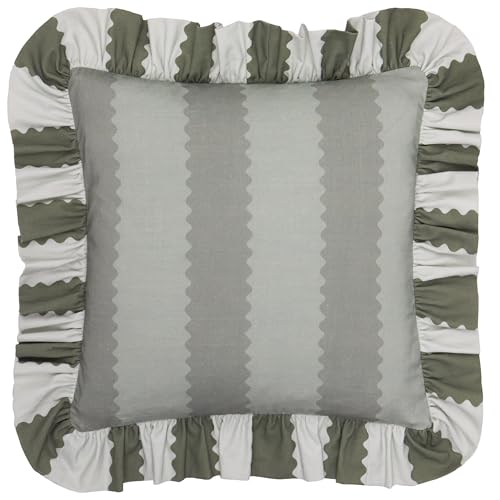 furn. Wylder Birdie Stripe Polyester Filled Cushion – Ruffle Edge Cotton Striped Decorative Pillow (Baygreen/Mist – 45x45cm)