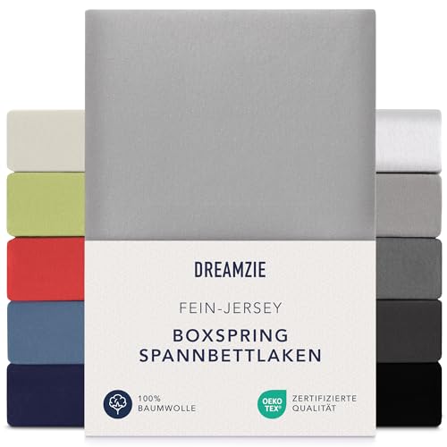 Dreamzie Premium fitted sheet, 140 x 200 cm, 160 x 200 cm, 37 cm side height, also for box spring bed and waterbed, bed sheet, box spring bed, 100% jersey cotton, 150 g/m², Oeko-Tex, grey