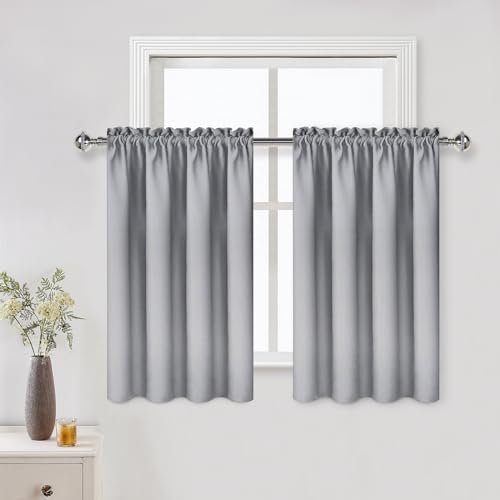 DWCN Silver Grey Short Blackout Curtains for Bedroom, Thermal Insulated Energy Saving Room Darkening Curtains for Living Room (W42 x L36 inch, Set of 2 Panels, Top of Rod Pocket)