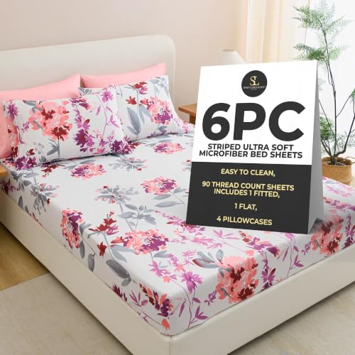 Spirit Linen Home 6-Piece Soft Cozy Bed Sheet Set - Queen, Grey/Pink Floral - Deep Pocket Soft and Breathable Microfiber Material Bed Sheets with 1 Fitted Sheet, 1 Flat Sheet, and 4 Pillowcases included