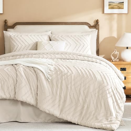 Litanika Oversized King Comforter with Sheets Beige, 7 Pieces Boho Bed Set - Bed in a Bag Fluffy Lightweight Neutral Soft Warm Chevron Tufted Textured Bed Set