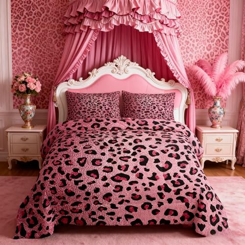 Pink Leopard Print Comforter Set Queen Size,Cheetah Bedding Set 3pcs for Kids Teens Girls Adults Room Decor,Wild Animal Skin Texture Quilt Set Romantic Fashion Duvet Insert with 2 Pillowcases