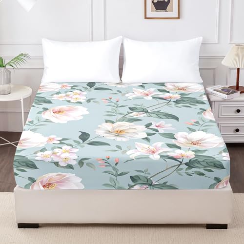 HCORA Floral Fitted Sheet Only, 100% Brushed Microfibre Deep Pocket Fitted Bottom Sheet, Ultra Soft, Shrinkage and Fade Resistant, Queen Size