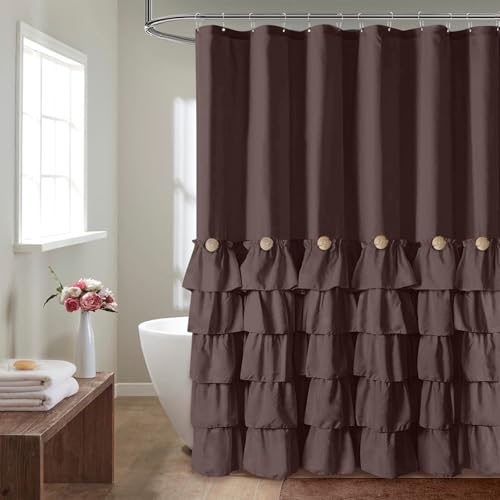 Seasonwood Brown Ruffle Shower Curtain Farmhouse Shower Curtain 72 X 84 - Natural button accents, layered fabric tiers, shabby chic and French country styling for decorative bathroom updates