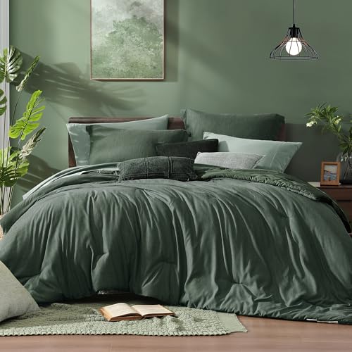 Monbix Oversized King Comforter Set Deep Forest 7 Pieces Bed in a Bag - Cationic Dyeing Reversible All Season Bedding Sets with Comforter, Sheets, Pillowcases & Shams
